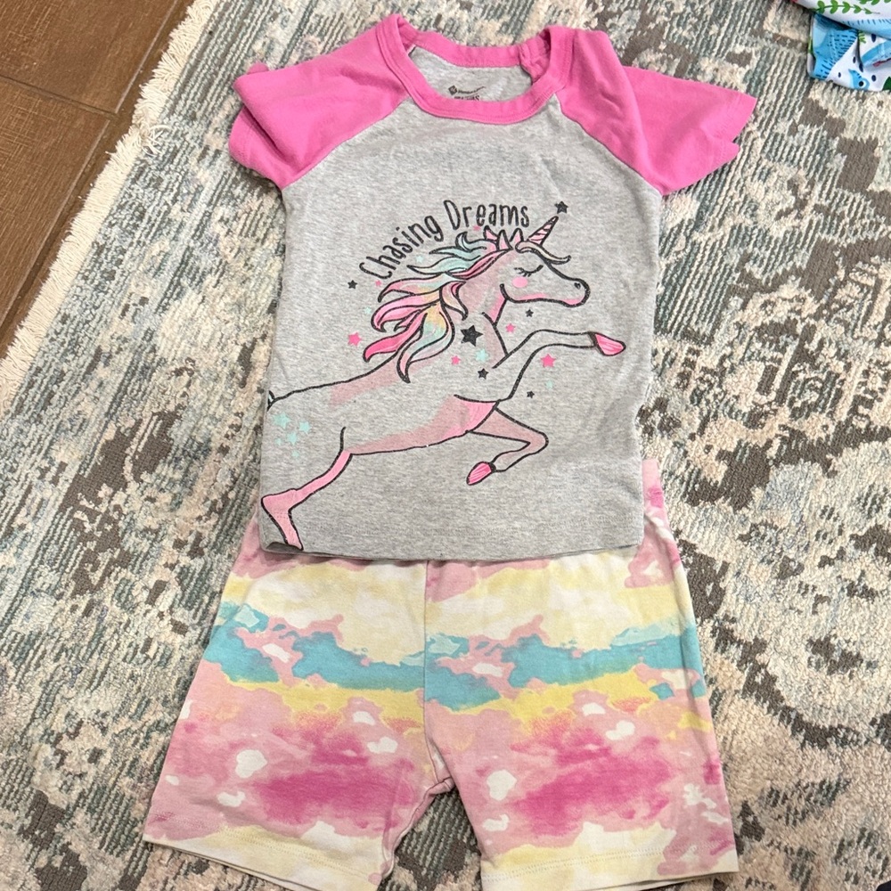 Unbranded Girls Pink & Gray Unicorn Short Sleeve Pajama Set